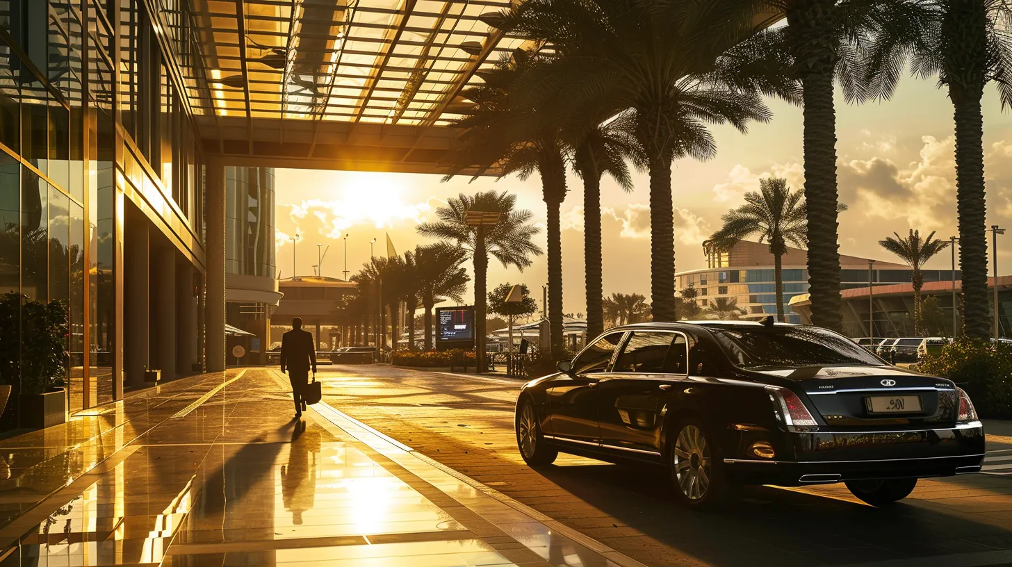 a luxurious black limousine gleams under the warm golden light of an airport terminal entrance, with a stylish chauffeur standing nearby, ready to greet high-profile travelers amidst a backdrop of modern architecture and palm trees.