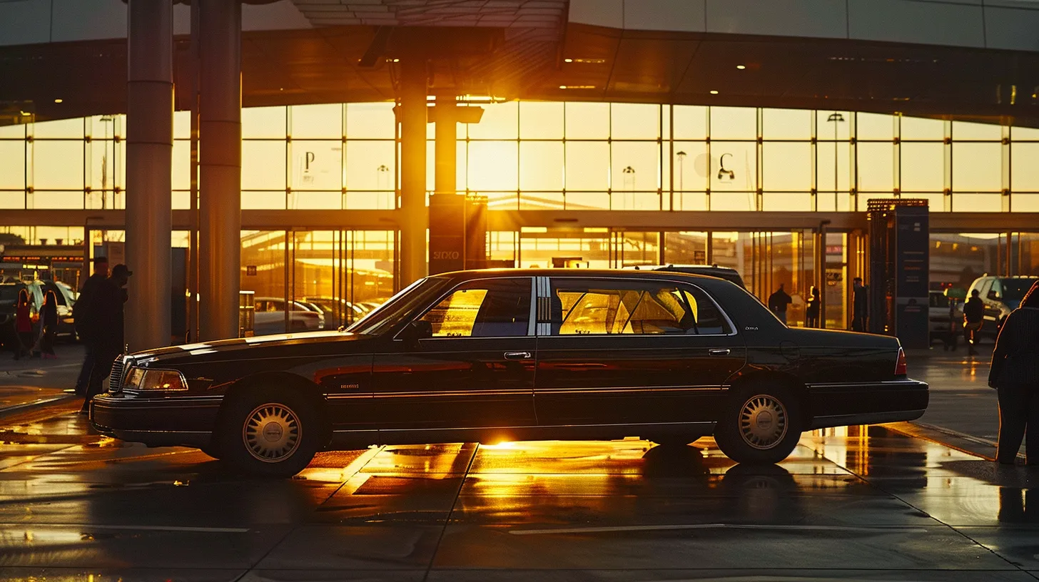 a luxurious black limousine sits elegantly at a bustling airport terminal, illuminated by warm golden sunlight as travelers pass by, embodying the theme of premium chauffeur service in modern transportation.