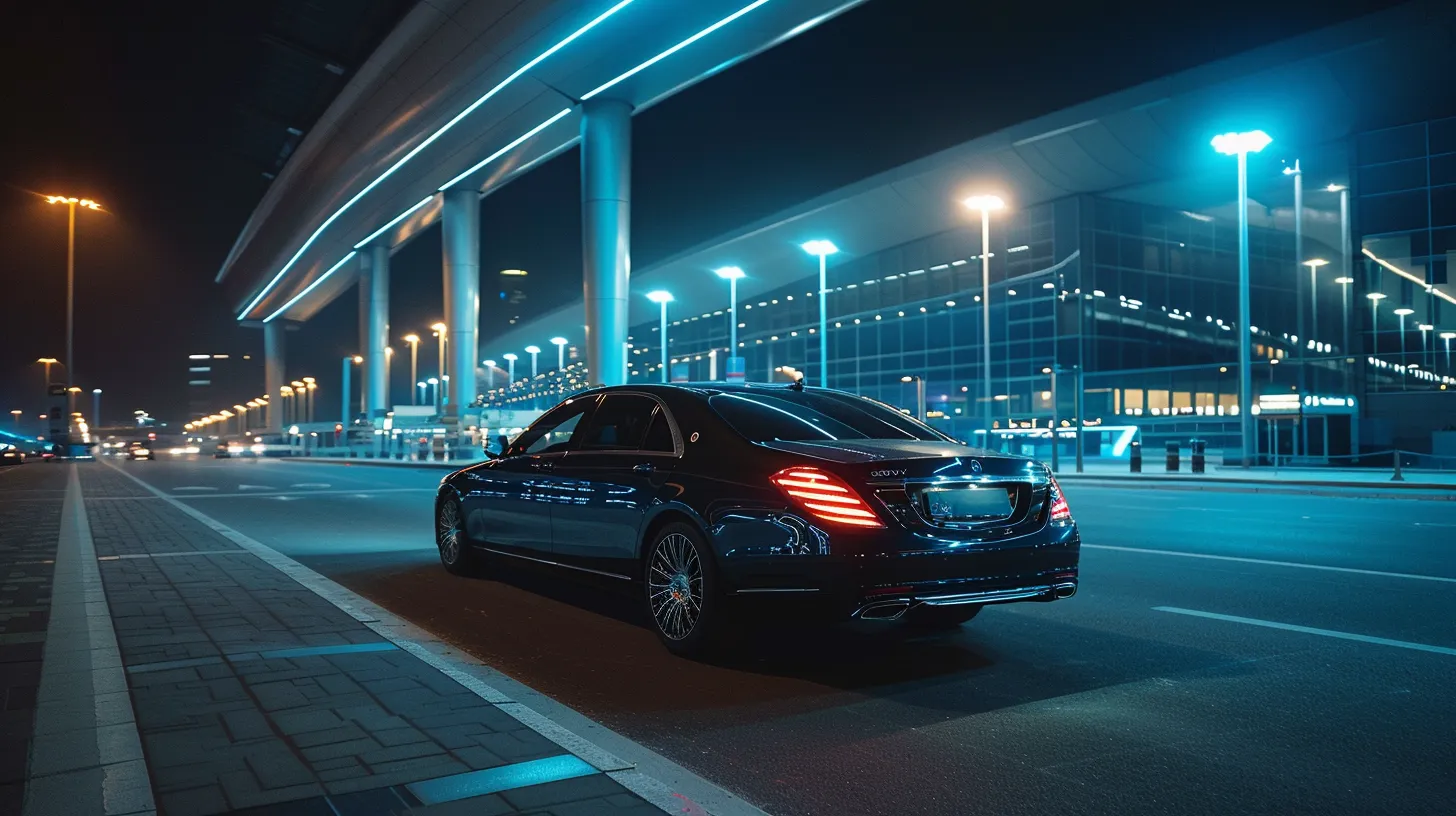 a luxurious black sedan gleams under the bright terminal lights, poised elegantly outside an airport, ready to whisk travelers away in comfort and style.