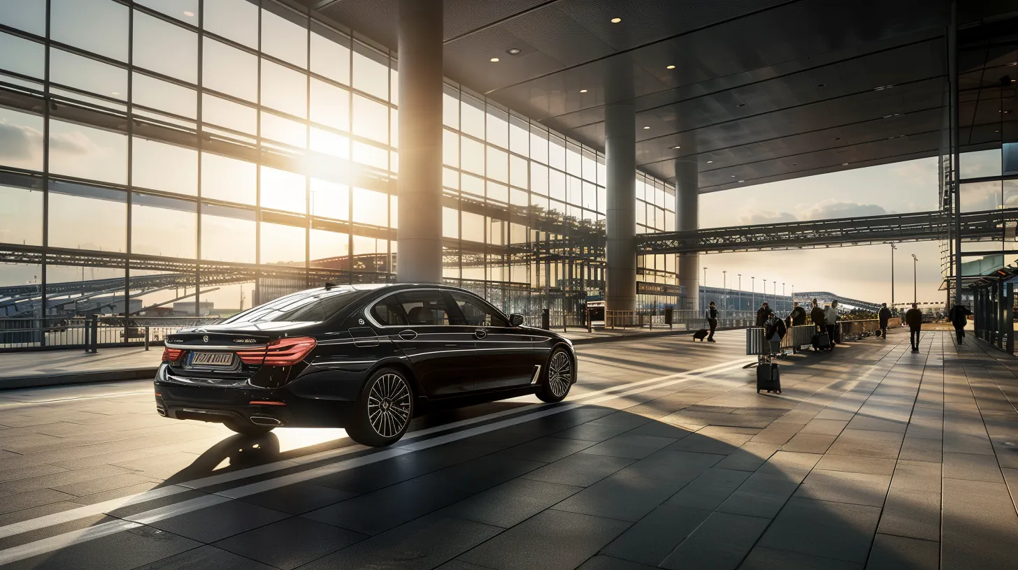 a luxurious black sedan sits poised in front of a bustling airport terminal, its polished exterior reflecting the bright sunlight as travelers bustle by, evoking a sense of sophistication and convenience in airport transportation.