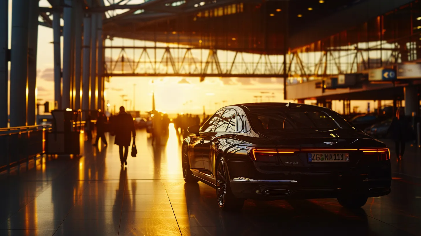 a sleek black luxury car glistens under the golden glow of sunset at an airport arrival terminal, with the backdrop filled with bustling travelers and vibrant airline signage.