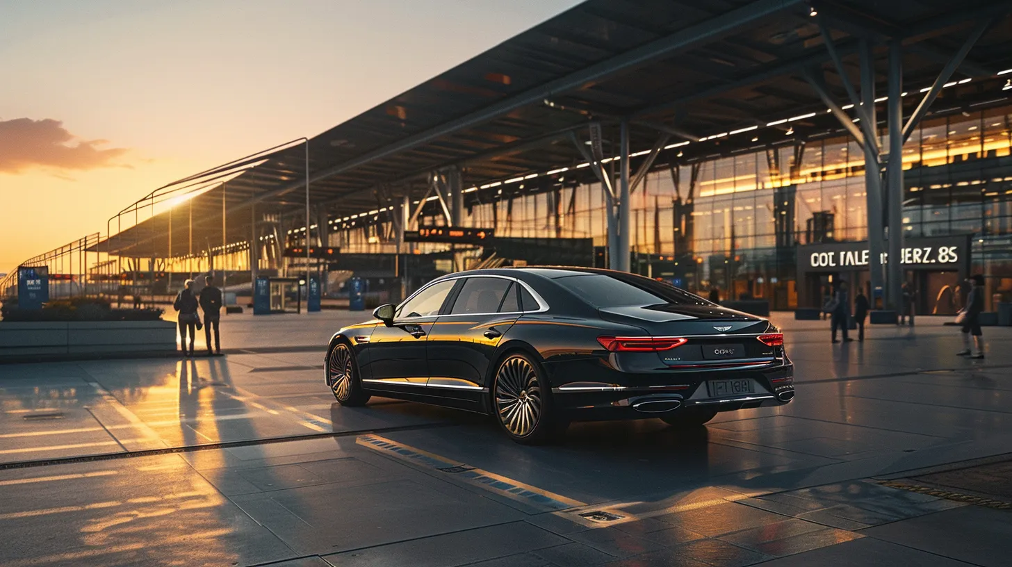 a sleek, black luxury sedan waits elegantly in front of a bustling airport terminal, bathed in the soft, golden glow of dawn as travelers bustle by, creating an atmosphere of seamless sophistication and expert service.