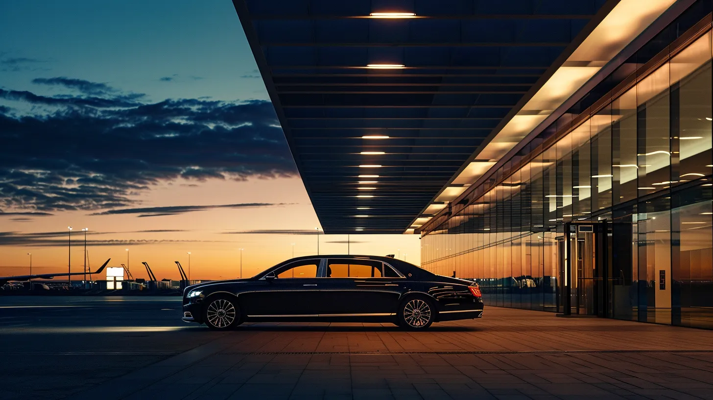 a sleek black luxury sedan awaits in front of a modern airport terminal, illuminated by the soft glow of overhead lights against a twilight sky, exuding a sense of exclusive chauffeur service and seamless travel.