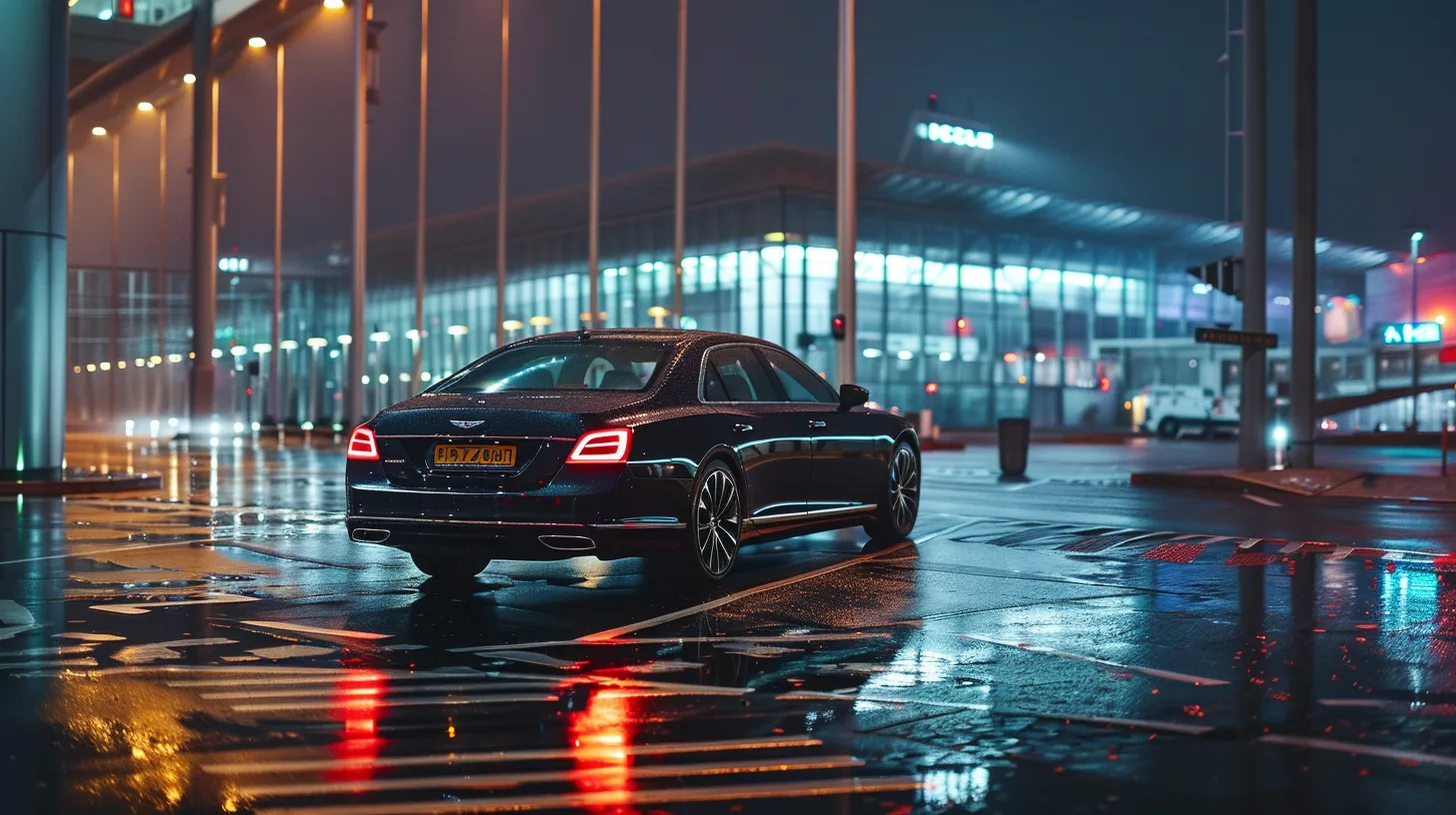 a sleek black luxury sedan awaits at a bustling airport terminal, illuminated by vibrant evening lights, exuding a sense of sophistication and seamless travel.