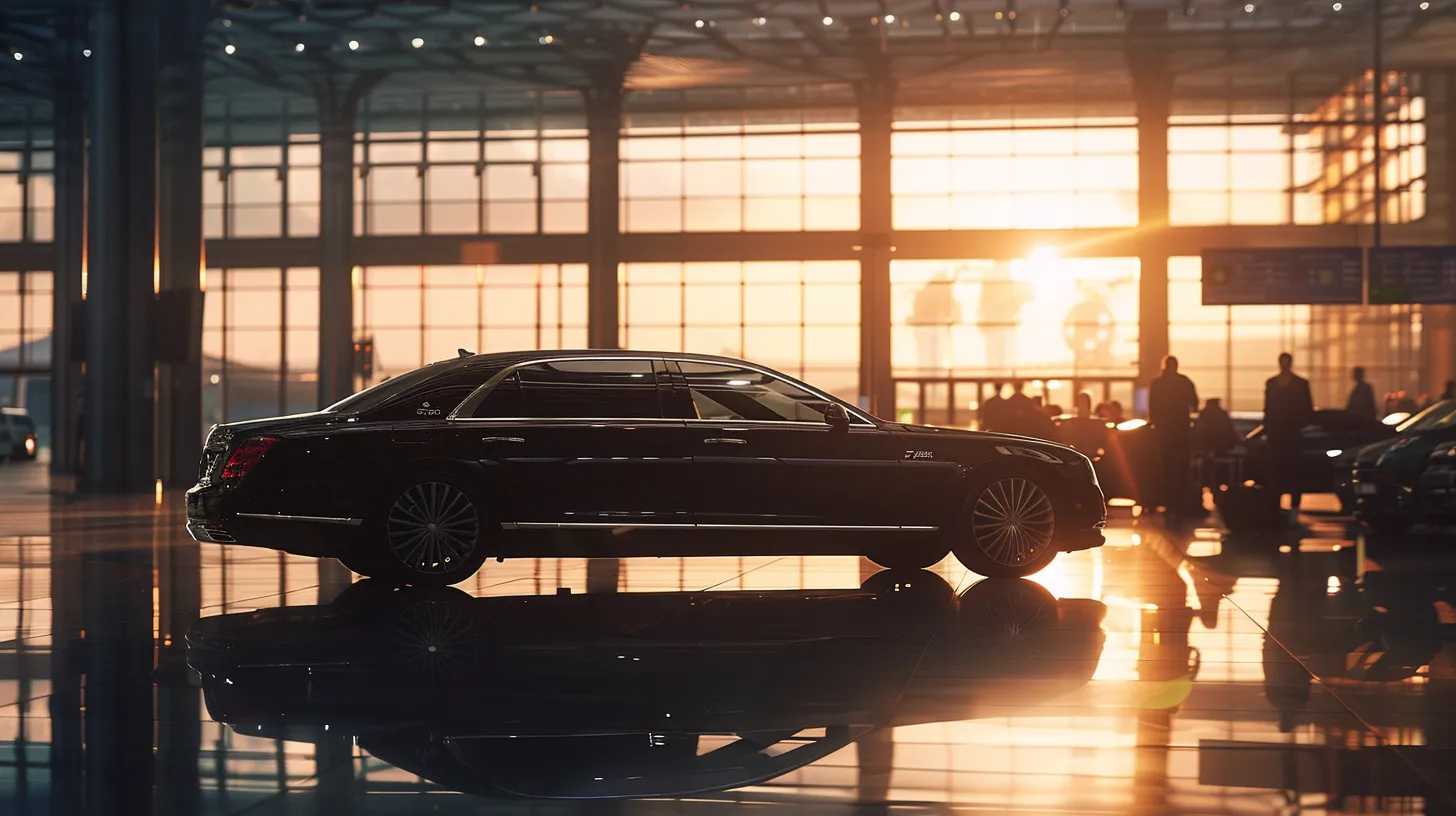 a sleek black luxury sedan awaits at a bustling airport terminal, illuminated by warm golden light as travelers bustle in the background, embodying the sophistication of high-end chauffeur service.