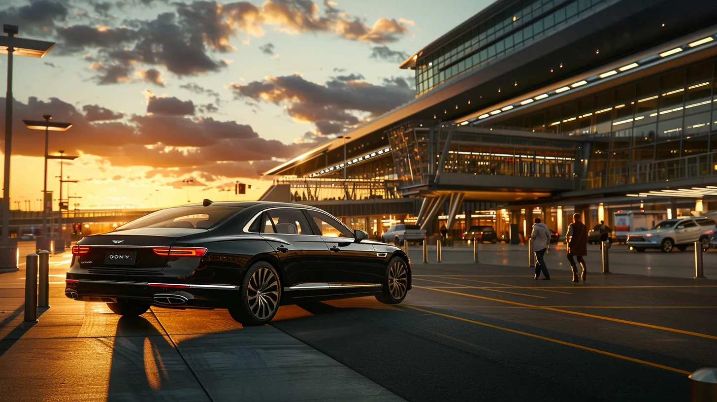 a polished black luxury sedan awaits a passenger at an airport terminal, bathed in soft golden evening light, with sleek architecture and bustling travelers creating an atmosphere of sophisticated travel.