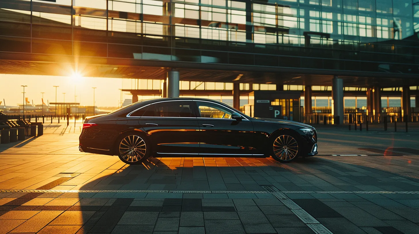 a sleek black luxury sedan glistens under the golden glow of early morning sunlight, parked elegantly outside a bustling airport terminal, embodying the essence of premium chauffeur service and efficient transportation.