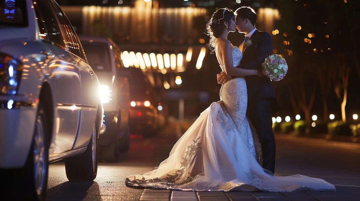 newly wed couples with limousine