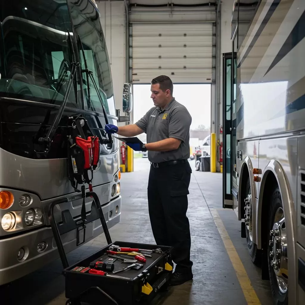 A professional driver meticulously checking a charter bus before a trip, emphasizing the commitment to safety and dependability in group transportation