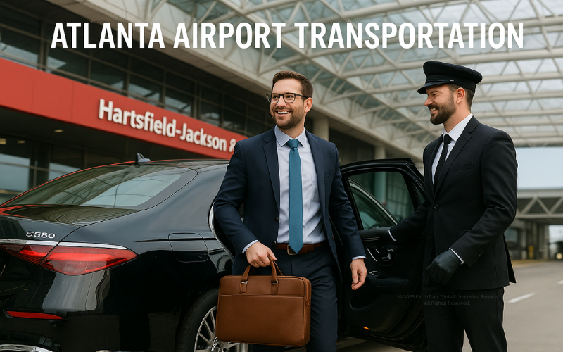 A smiling businessman steps out of a luxury black Mercedes-Benz S580 while a well-dressed chauffeur holds the rear door open outside Hartsfield-Jackson Atlanta International Airport, representing premium Atlanta airport transportation by EarthTran Global Limousine Service.