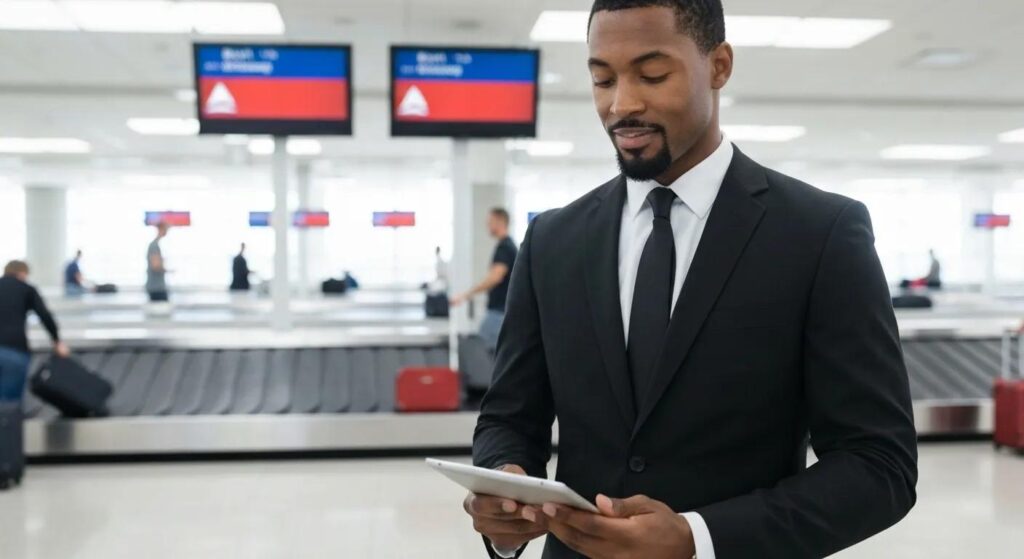 Professional chauffeur holding a name of a traveler on a tablet close to delta baggage claim