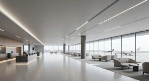 Modern airport lounge interior with spacious seating, large windows, and sleek design, emphasizing comfort and luxury for travelers.
