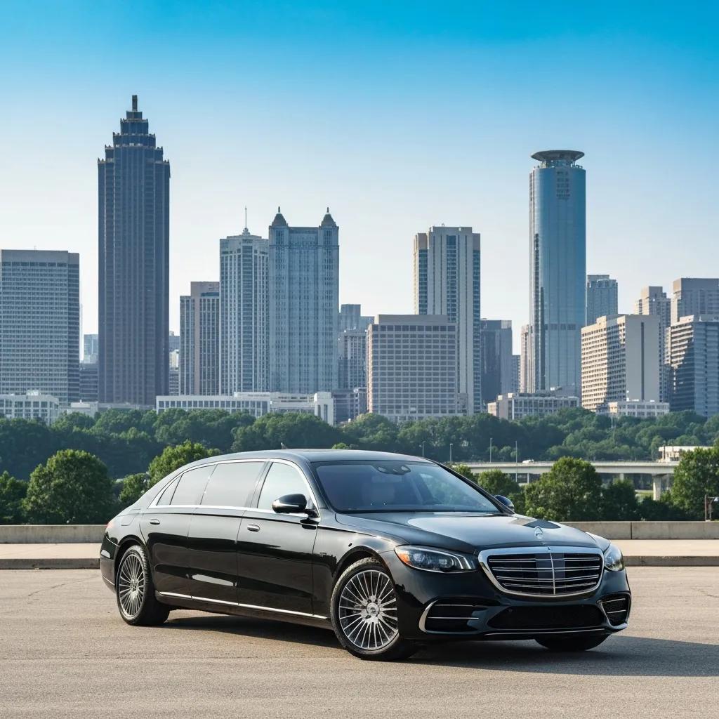 Luxury limousine before the Atlanta skyline — EarthTran premium car service