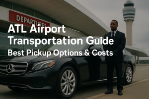 Professional chauffeur standing beside a black luxury sedan outside ATL airport departures, representing private airport transportation options in Atlanta
