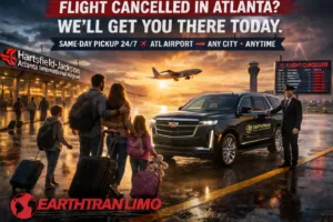Family stranded at Atlanta Airport after flight cancellation boarding EarthTran black Cadillac Escalade for same-day transportation, flight-cancelled Atlanta transportation