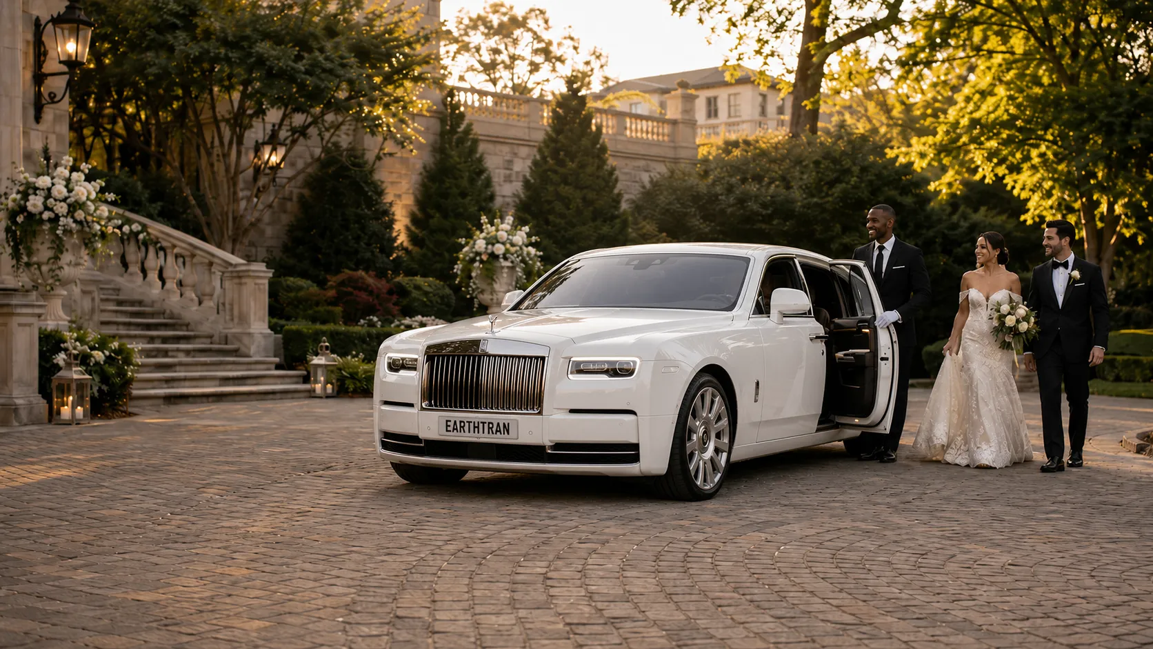 Professional EarthTran wedding chauffeur standing beside a luxury vehicle